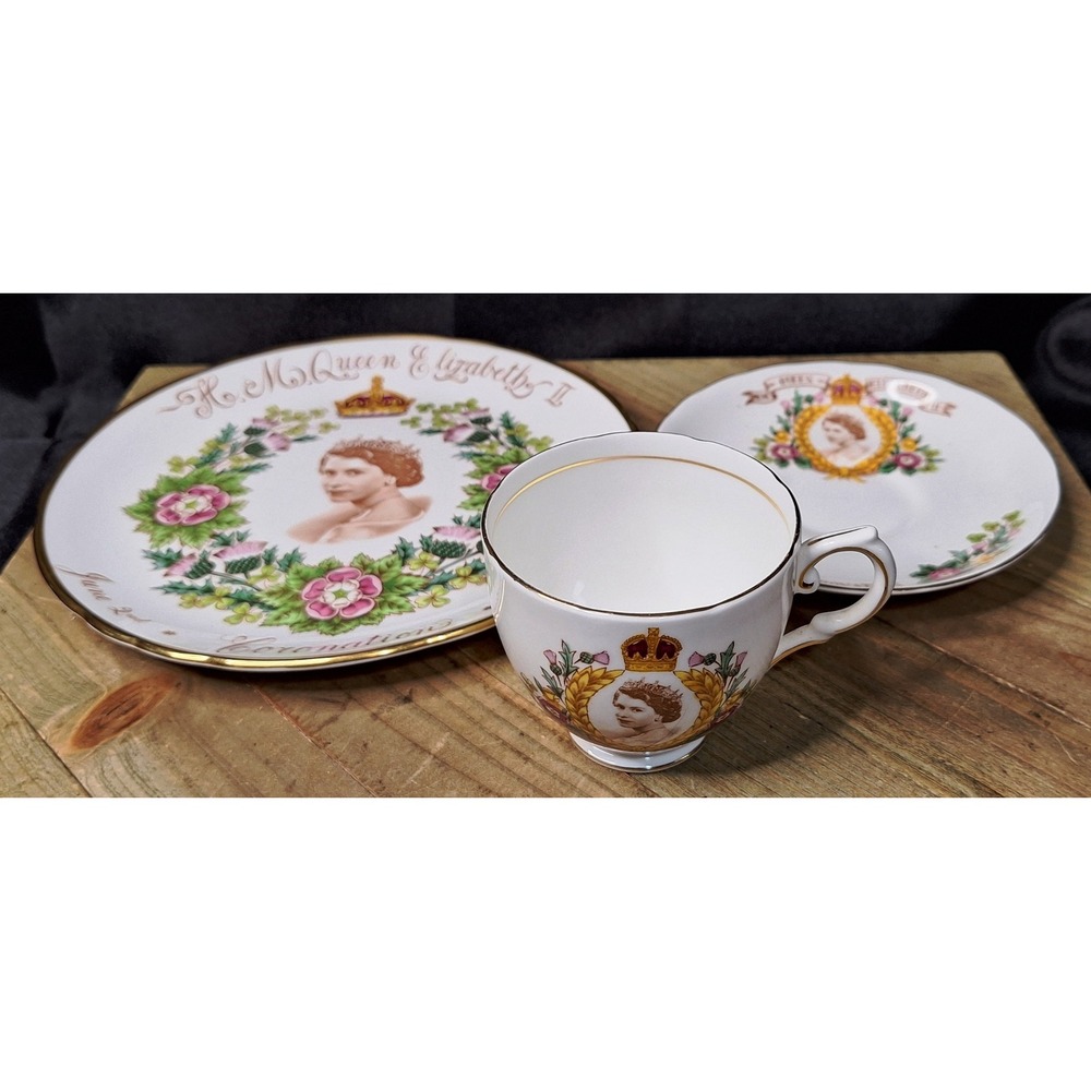 Tuscan Queen Elizabeth II 1953 Coronation Tea Set Cup Saucer Plate 3pc England